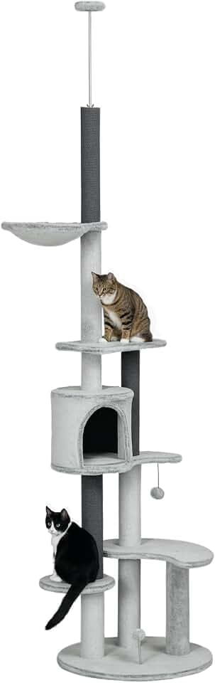 PawHut Kratzbaum Deckenhoch, 225-255 cm Höhenverstellbar Katzenbaum, Katzenkratzbaum mit Katzenhöhle, Kratzstämmen, Korb, Spielball, Katzenmöbel für mittelgroße Katzen, Grau