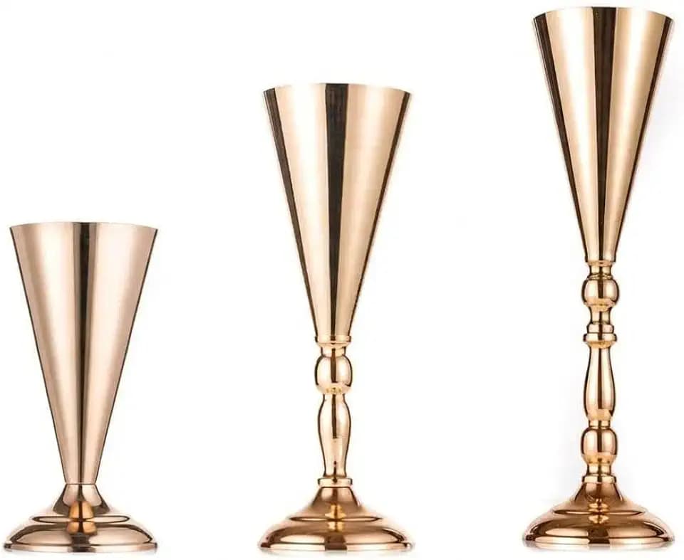 GarveeHome Tabletop Metal Wedding Flower Trumpet Vase, Tall Table Decorative Centerpiece, Artificial Flower Arrangements for Anniversary Ceremony Party Birthday Event Aisle Home Decoration Gold
