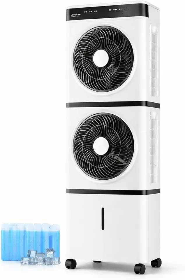 Dual Fans 3-IN-1 Evaporative Swamp Cooler, Portable Tower Fans that Blow Cold Air, 2L Water 2 Modes, 3 Speeds,12H Timer, 4 Ice Packs & 4 Wheels, 45°Oscillation,