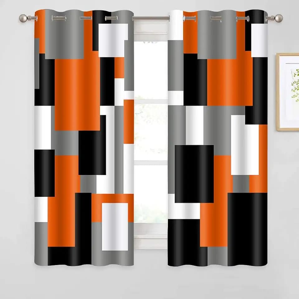 Modern Geometric Curtains, Orange Black Curtains, 52x63inches, 2 Panels