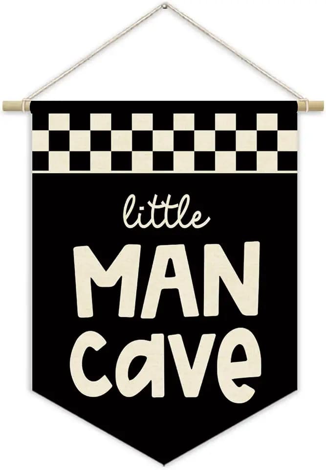 Boy Room Decor,Playroom Car Decor,Little Man Cave Canvas Banner for Toddler Boys Room Wall Hanging Pennant Flag Canvas Banner, Kids Bedroom Dorm Nursery,Buffalo Plaid Racing 15x11in
