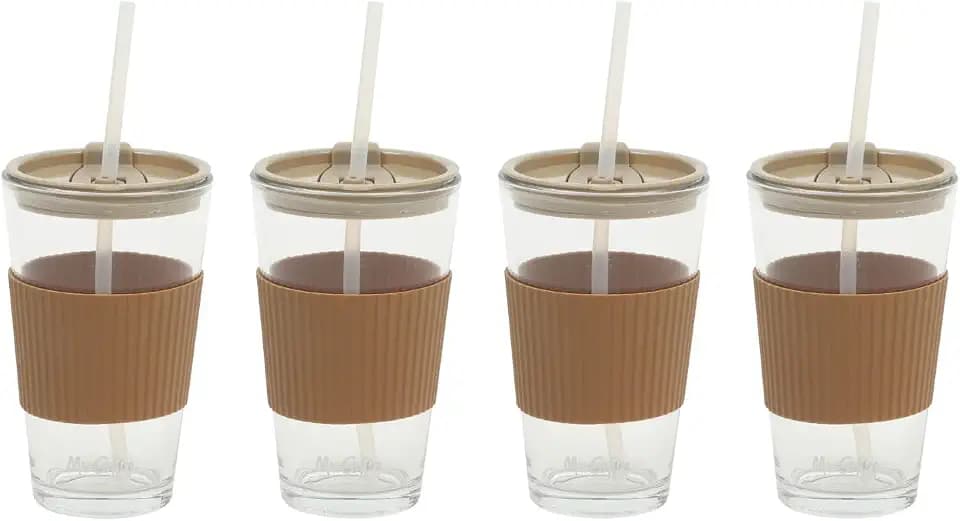 Mr. Coffee Sip Savvy 4-Pack 15oz Latte Brown Glass Tumblers with Lids and Straws – Reusable Iced Coffee Cups – Dishwasher Safe – To-Go Drinkware Water Glasses