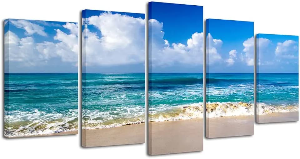 Pyradecor 5 Piece Turquoise Ocean Seaside Canvas Wall Art, White Cloud Rolling Surf Beach Landscape Canvas Prints, Modern Coastal Ready To Hang Wall Art For Bedroom Living Room Decor