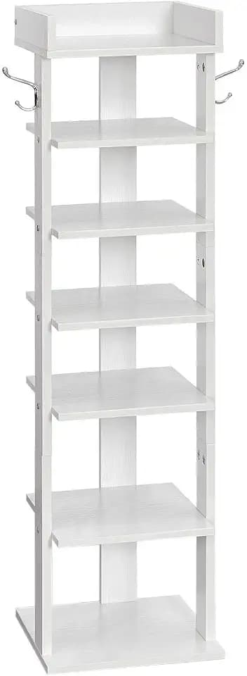 HOOBRO Vertical Shoe Rack for Front Door Entryway, 7 Tier Wooden Shoe Storage Organizer with Hooks, Narrow Shoe Tower for 7 Pairs, Space Saving, for Corner, Closet, Bedroom, White WT61XJ01
