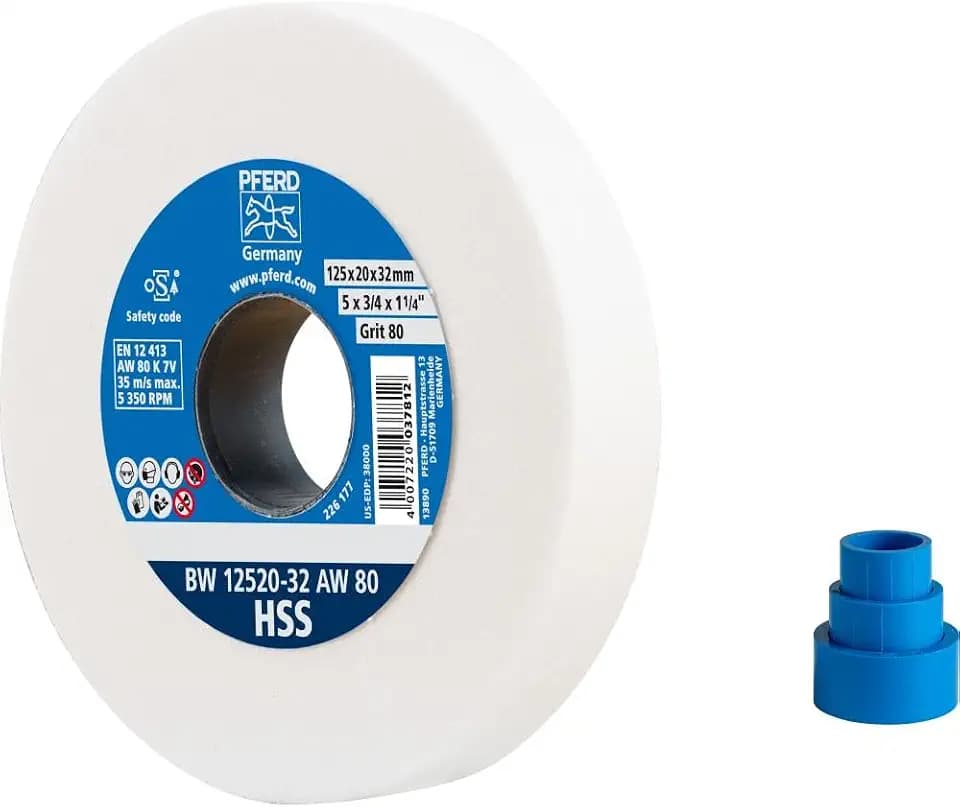 PFERD TOOLS Schleifbockscheibe HSS, 125x20x32mm, A80, 39009698 – Mittelharte Schleifscheibe zum Schärfen von HSS-Bohrern, mit Reduzierhülsen (25/20/16mm)