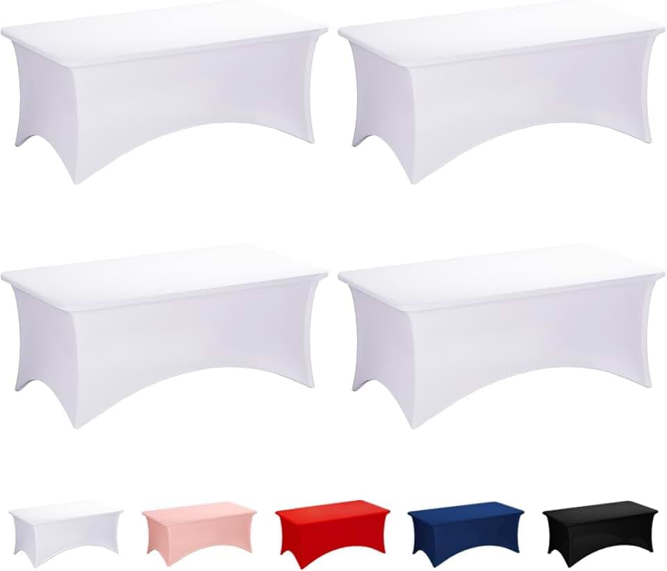 Fixwal 4 Pack 6FT White Tablecloth Rectangle Spandex Fitted Table Cover