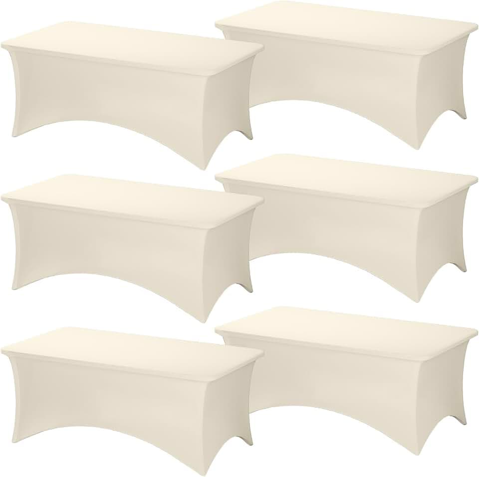 Fixwal 6 Pack 6FT Ivory Tablecloth Rectangle Spandex Fitted Table Cover