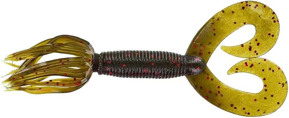 Yamamoto 5' Double Tail Hula Grub - Realistic Easy-To-Use Soft Plastic Fishing Lure Bait With Free-Flowing Skirt - 10 Pack, Green Pumpkin With Large Red Flake