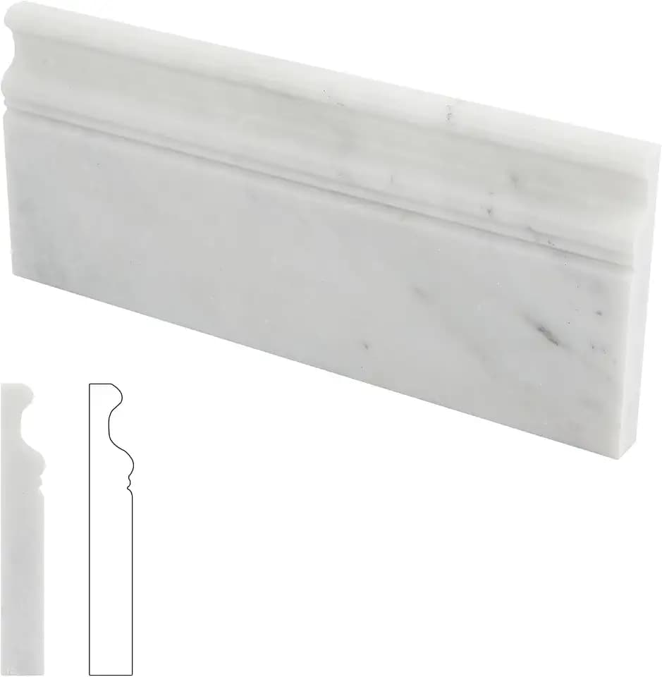 Diflart 4-Pack Carrara White Marble Baseboard Trim Molding, 5 x 12 Inch Round, Honed, Bianco Italian Carrera Marble Skirting Base Moulding for Shower Bathroom Wall Kitchen Backsplash