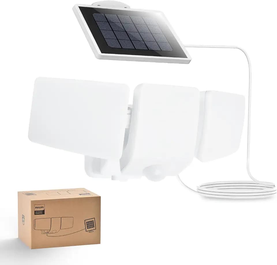 Philips Solar-Sicherheitsleuchte, 3600 lm, wasserdicht und dimmbar, mit Bewegungsmelder, LED, für den Außenbereich, 3 schwenkbare Köpfe mit 5 m Kabel, separates Solarpanel mit 3 Modi