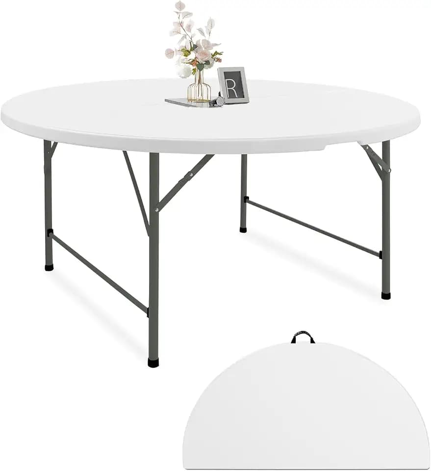 Fivenl Round Folding Tables White Foldable Table, Fold-in-Half with Carrying Handle Portable Plastic Table for Party, Dining, Wedding, Camping, Picnic, Indoor Outdoor Events (1, White, 4 FT)