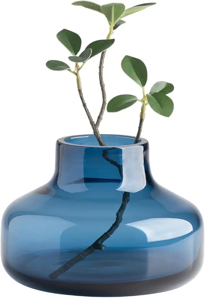 Torre & Tagus Solid Color Round Art Glass Vase for Flowers - 4" Tall Unique Flower Vase, Clear Handmade Bottle Vase for Modern Home Decor, Bud Vase as Decorative Shelf Decor or Wedding Gift, Blue