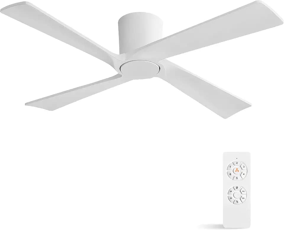 WINGBO 54 Inch Flush Mount DC Ceiling Fan Without Lights, 4 Carved Wood Blades, 6-Speed Reversible DC Motor, Low Profile Ceiling Fan No Lights for Indoor and Outdoor, Gloss White, ETL Listed