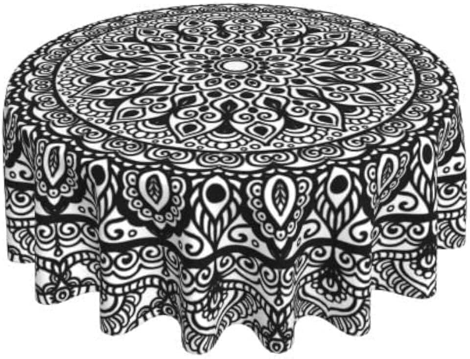 YETTA YANG Mandala Black and White Waterproof Picnic Patio Party Round Table Cloth Cover Decorations Fabric 60 Inch Circular Tablecloth for 20-47 Inch Home Dining Room Kitchen Decor