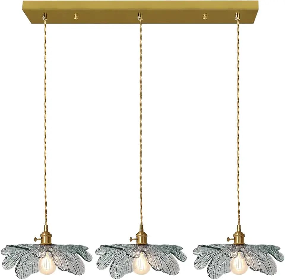 3-Light Mid Century Chandelier Dark Green Leaf Glass for Kitchen