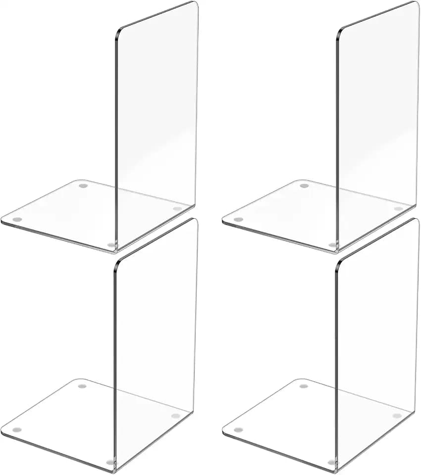 Acrylic Bookends 4 Pcs, Clear Book Ends for Shelves, Bookend Organizer
