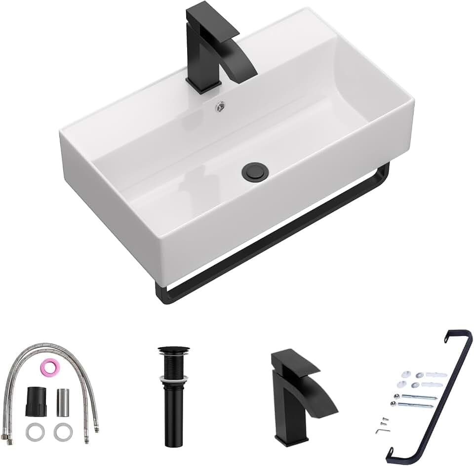 Lordear 21 x 12 Inch Wall Mounted Bathroom Sink with Towel Rack Modern White Wall Hung Sink for Small Bathrooms, Rectangular One Hole Porcelain Vanity Sinks