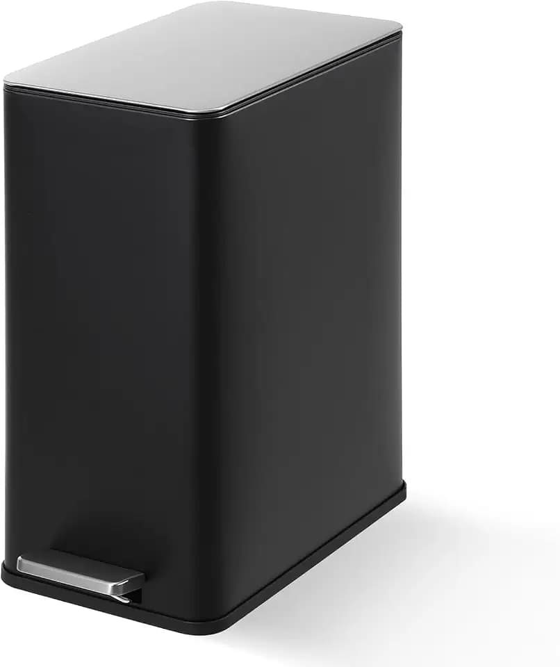 4 Gallon/15L Trash Can with Soft Close Lid, Slim Rectangular Bathroom Trash Can with Foot Pedal, Stainless Steel Trash Bin, Small Garbage Cans for Bedroom, Office, Kitchen (Black)