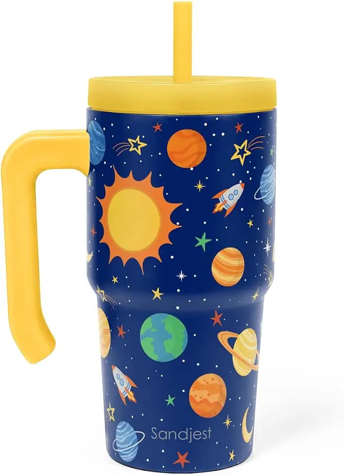 SANDJEST Outer Space Tumbler 20oz with Handle and Silicone Straw Lid for Kid, Insulated Stainless Steel Cup, Gift for Kids Boys, Gifts Idea for Birthday Christmas Back to School