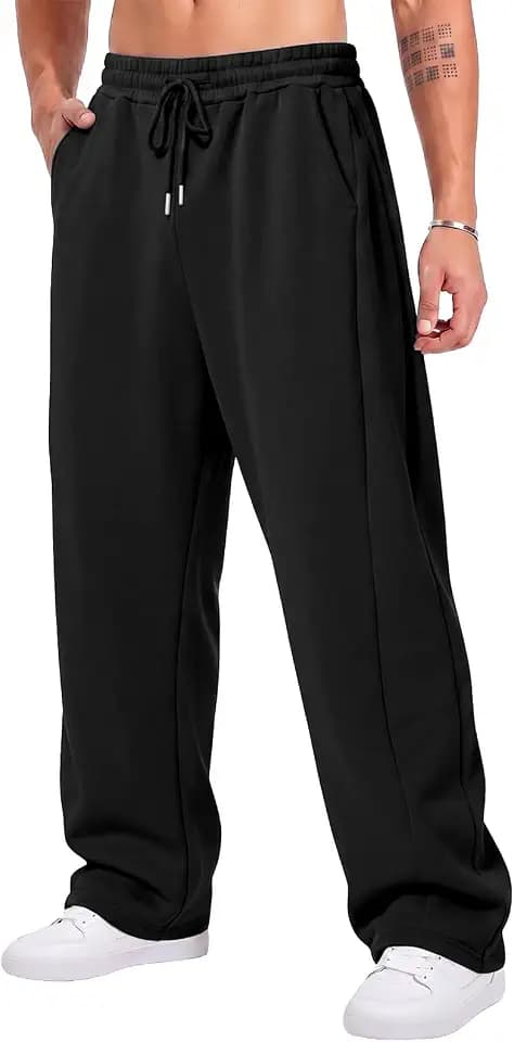 BUXKR Men's Baggy Sweatpants Wide Leg Sweat Pants Fleece Lounge Cotton Loose Elastic Drawstring Waist Pants with Pockets