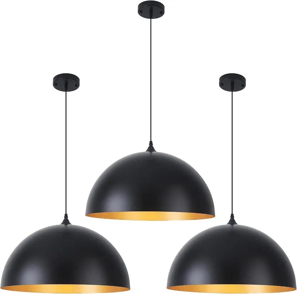 Large Pendant Lights Kitchen Island 3 Packs, 16 inch Black and Gold Dome Pendant Light, Industrial Farmhouse Pendant Lights Fixtures Metal for Kitchen Island, Dining Room, Cafe, Bar