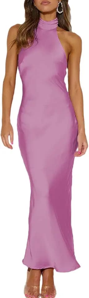 Women Summer Satin Halter Neck Backless Formal Wedding Guest Maxi Dress