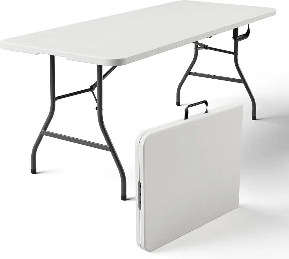 6FT Folding Table 1 Pack,Heavy Duty Plastic Foldable Tables with Carry Handles,Fold-in-Half Portable Utility Tables with Steel Legs for Party,Wedding,Banquet, Camping,Picnic,Event,Indoor Outdoor,White