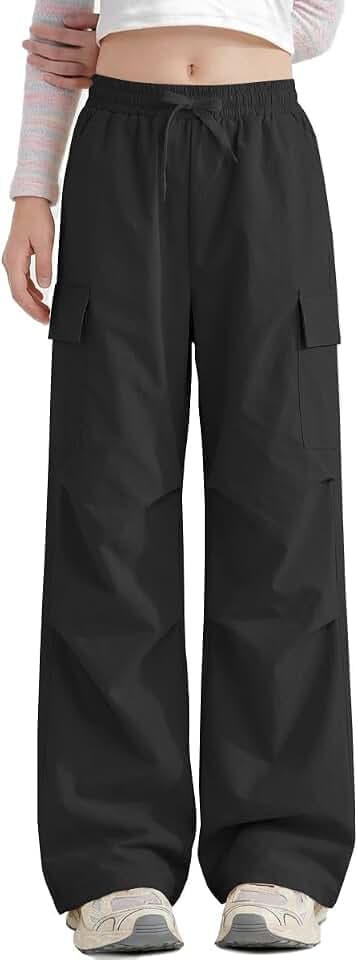 Haloumoning Girls Y2K Parachute Cargo Pants Baggy Wide Leg Trousers 5-14Y