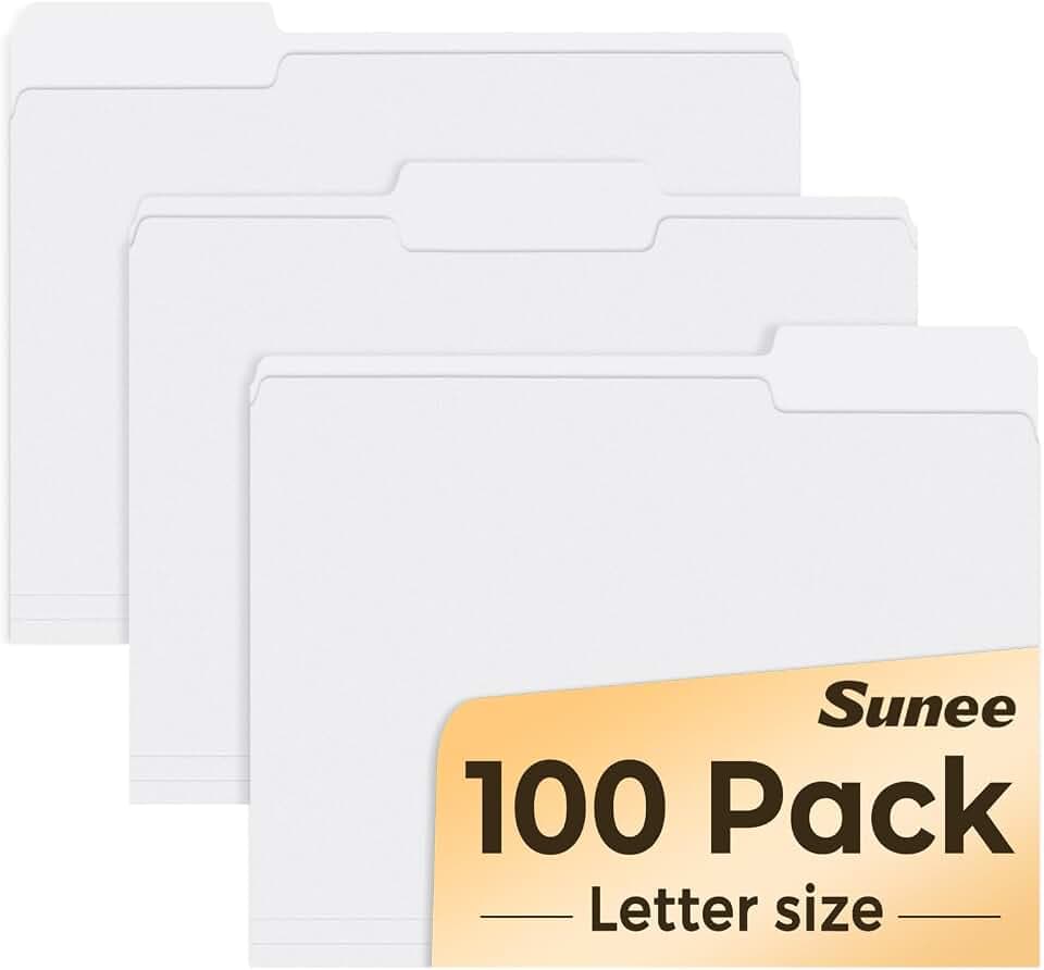 SUNEE File Folders Letter Size White, 100 Pack Manilla Folders 8.5 x 11 1/3-Cut Tabs, Colored File Folders Office Home School for Documents Files Paper