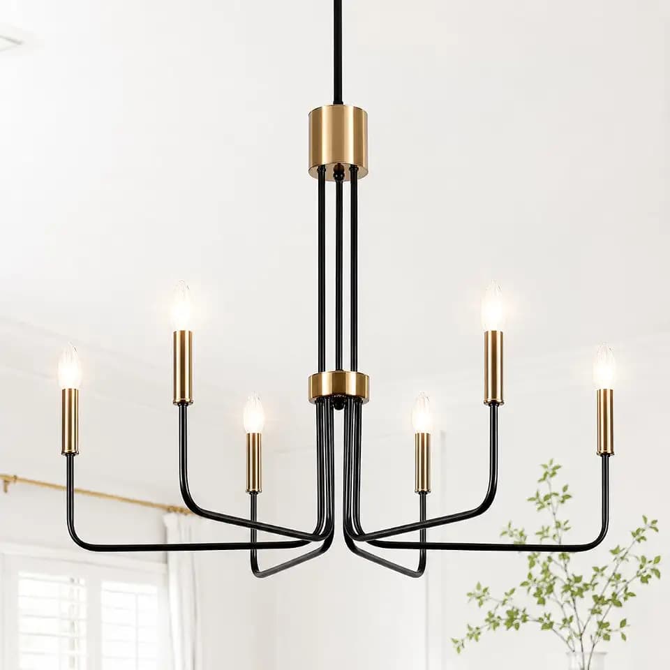 6-Light Modern Farmhouse Chandelier, Black and Gold Chandelier