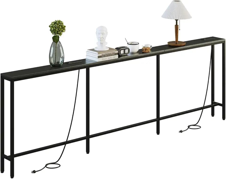 102.4" Behind Couch Table with 2 Fast Charging Stations, 7.1" Narrow Skinny Sofa Table with 4 Power Outlets, 4 USB-A, 2 USB-C for Console Entryway, Black