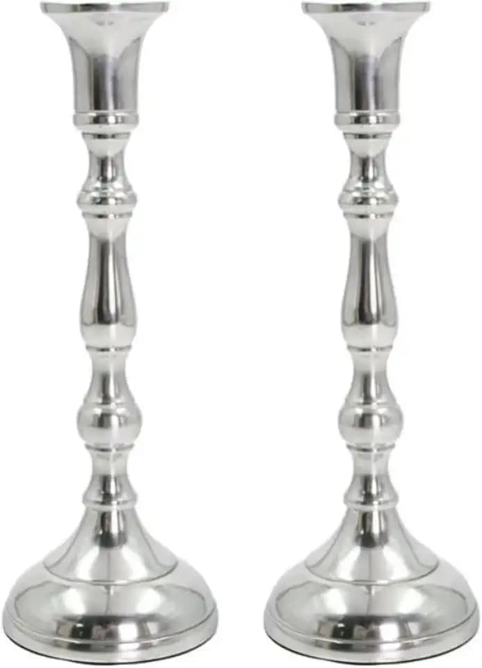 Hosley Set of 2 Silver Candlestick Holders for Taper Candles, 8.25 Inch Tall Aluminum Metal Candle Stands, Elegant Formal Dinner & Wedding Centerpiece Decor