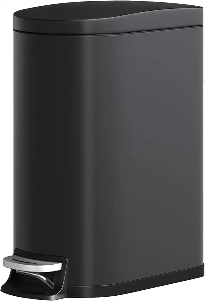 GarveeHome 13 Gal / 50 L Stainless Steel Kitchen Trash Can with Lid, Slim Step-On Garbage Bin, Large Rustproof Metal Trash Can with Soft Close, Inner Bucket & Rear Handle, Black