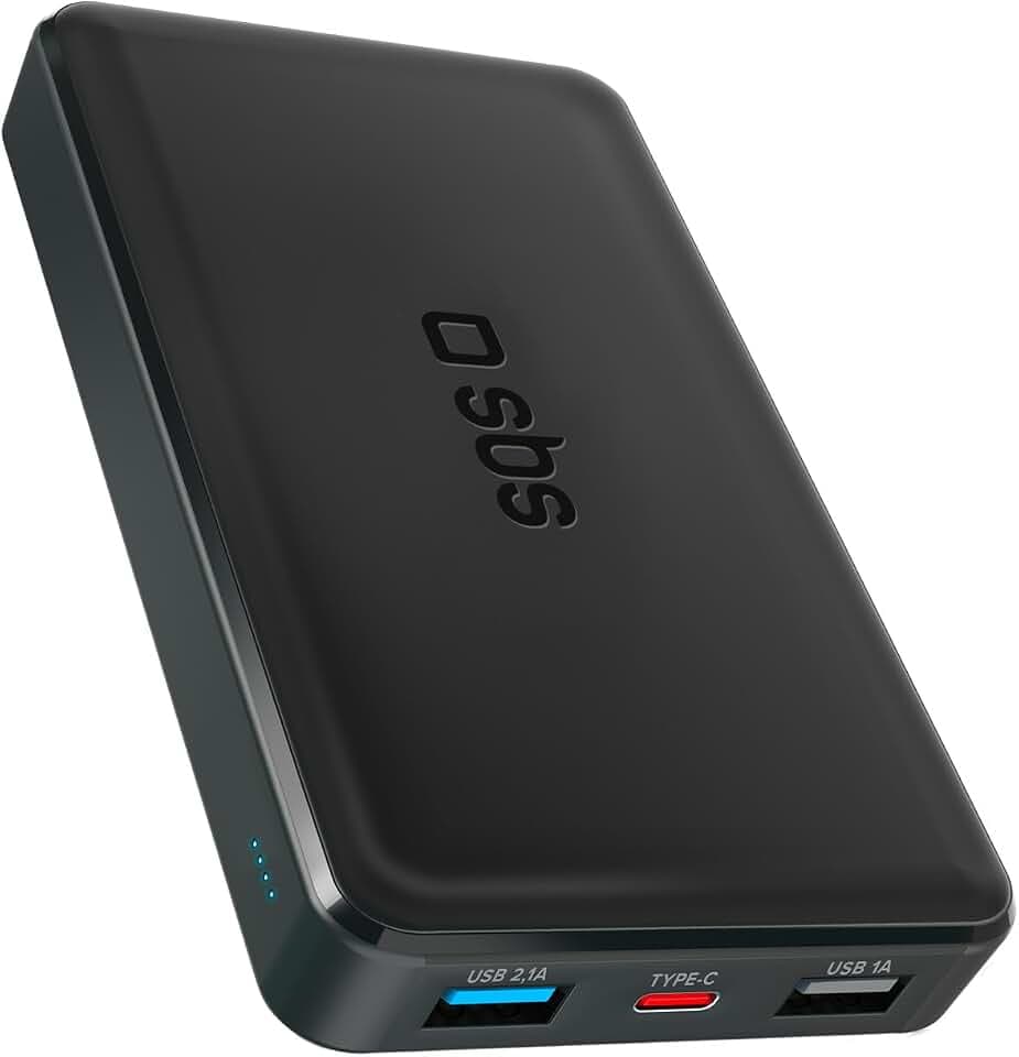 SBS PowerBank 10K Slim, 10000mAh, Power Bank mit Schnellladung, Intelligent Charge (IC), Lade-LED, 1 USB-C, 2 USB-A, Tragbares Reise-Ladegerät, Kompaktes Design, Schwarz