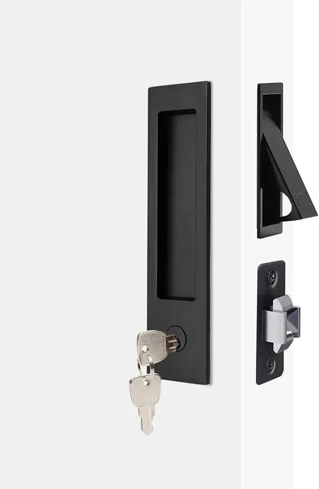 Dontay Pocket Door Lock with Key,Edge Pull,Flush Recess Handle,Matte Black