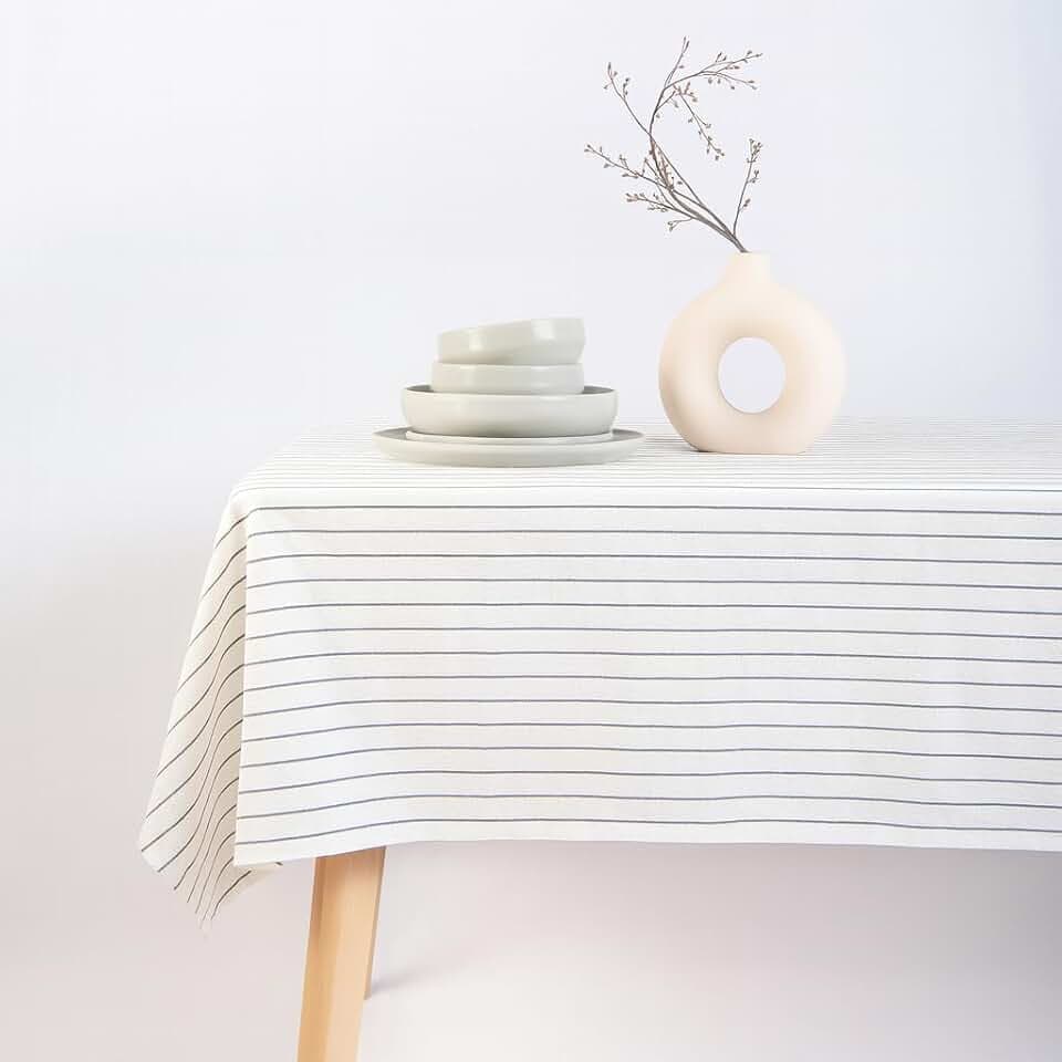 MONDAY MOOSE Striped Farmhouse Picnic Style Decoration Rectangle Natural Stonewashed Cotton Tablecloth for Kitchen, Dining Room, Restaurant (60x120 inch, White/Black Stripes)