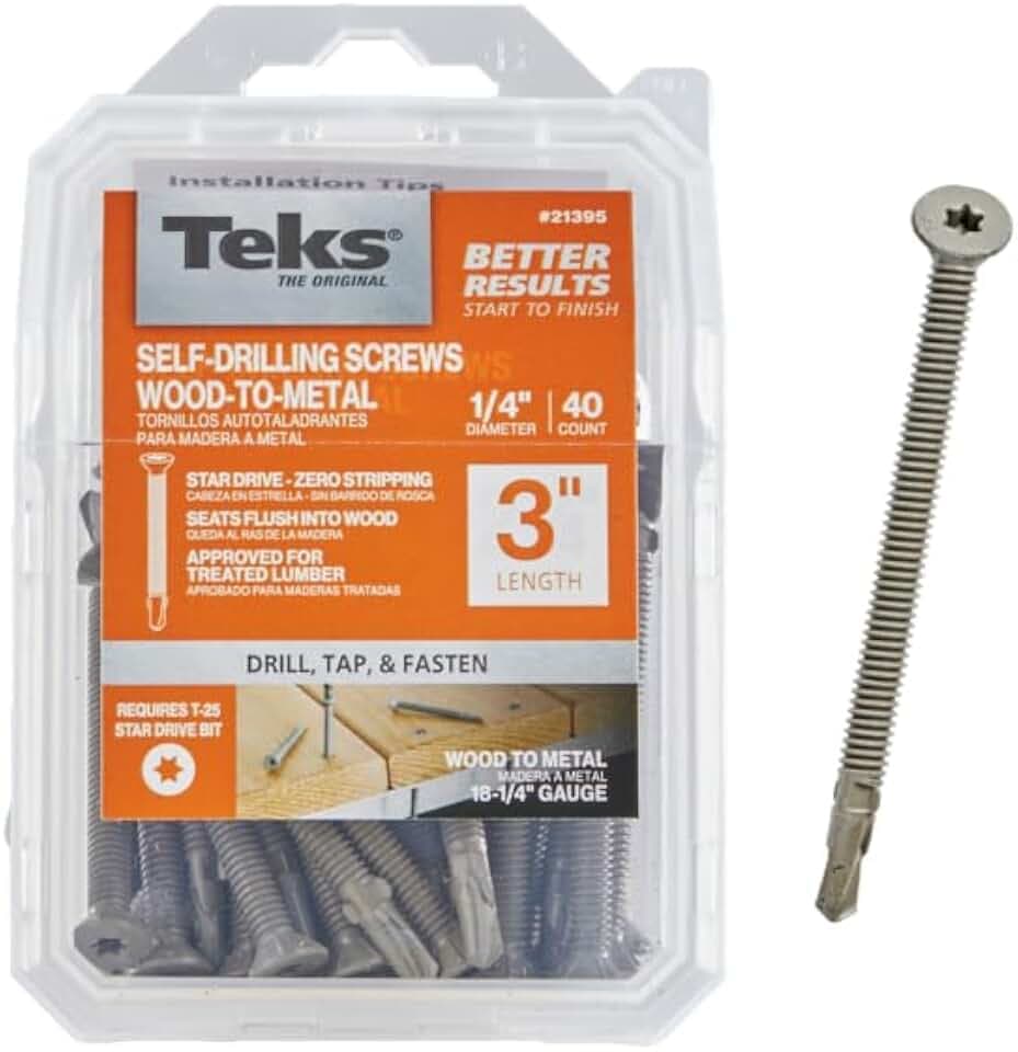 Teks 1/4 x 3 Wood-to-Metal Self-Drilling Screws, T-25 Star Drive, 40 PCS