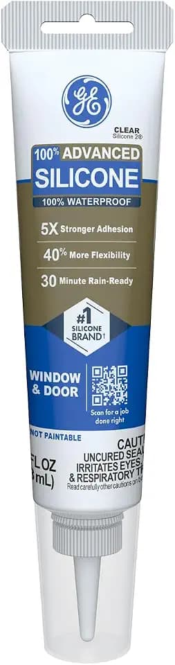 GE Advanced Silicone Caulk for Window & Door, Clear, 2.8 fl oz Tube, 1 Pack - 100% Waterproof Silicone Sealant, 5X Stronger Adhesion, Freeze & Sun Proof