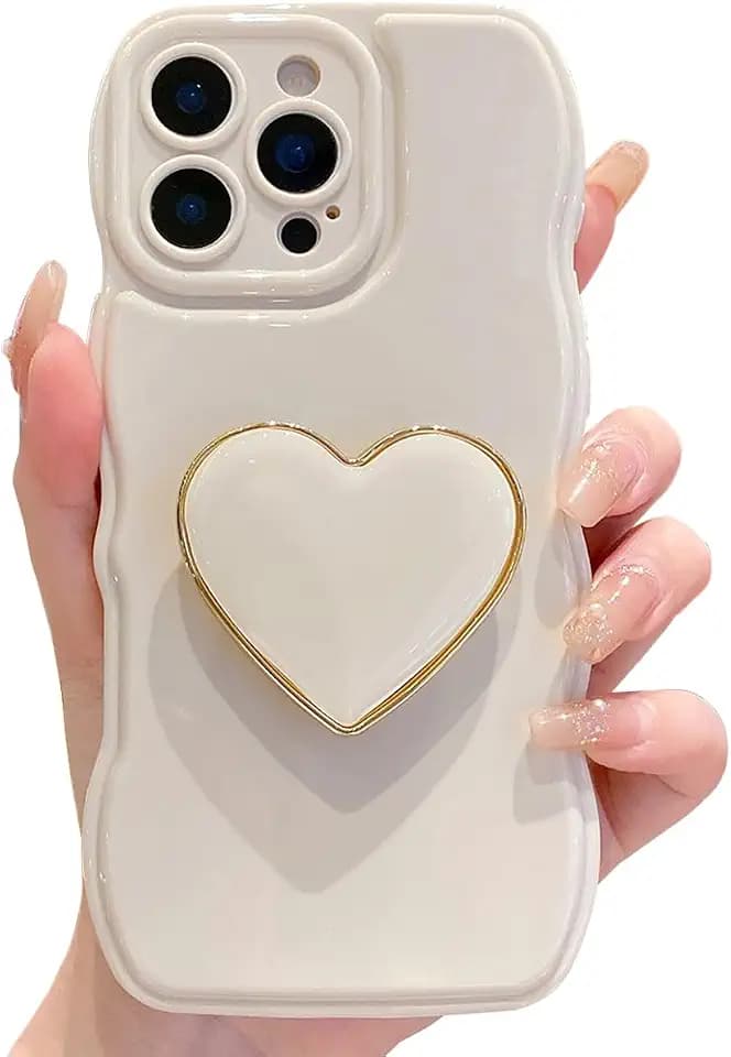for iPhone 13 Pro Max Cute Case Curly Wavy Frame with Stand Beige