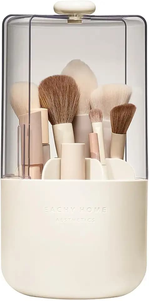 EACHY Makeup Brush Holder with Lid, Rotating Makeup Brush Organizer, Beige