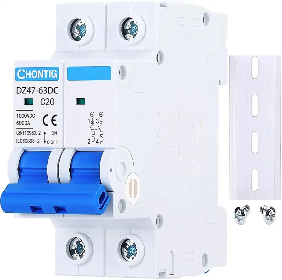 20 Amp Miniature DC Circuit Breaker 1000V 2 Pole, Solar PV Disconnect Switch with Thermal Magnetic Trip, DIN Rail Mount Isolator C20