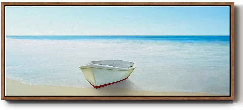 Renditions Gallery Floater Frame Artwork Row Boat Alone on the Beach Admiring Bright Seaview Abstract Prints for Restaurants School Kitchen - 8"x20" Walnut Frame LT610