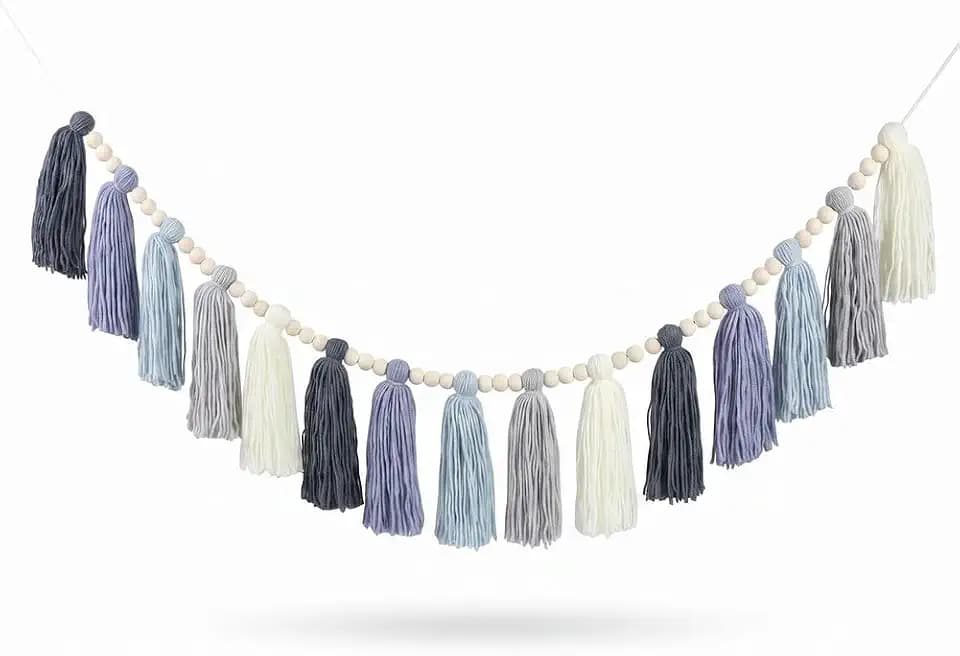 DrCor Dusty Blue Jean Tassel Garland - Denim Boho Classroom & Dorm Decor