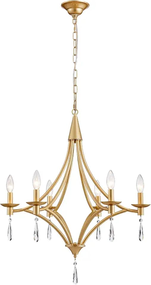 Modern Gold Chandelier, 6-Lights Crystal Chandeliers for Dining Room Light Fixture Hanging Pendant Light, Farmhouse Candle Chandelier for Bedroom Foyer Entryway Living Room Kitchen Bathroom, 22.6 inch