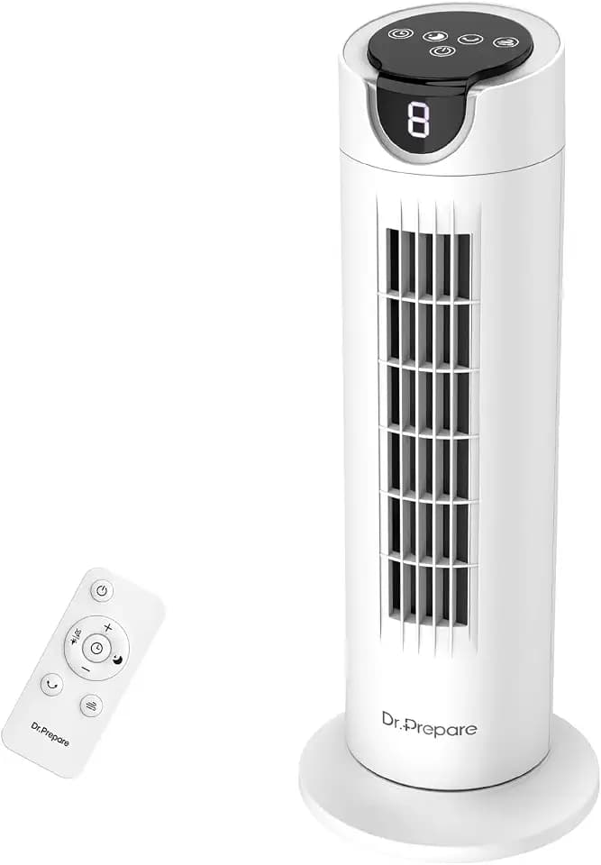 DR.PREPARE Tower Fan for Bedroom, 25 dB Quiet DC Motor Bladeless Fan, Detachable Washable Design, 8 Speeds, 8H Timer, 80° Oscillating Fans for Indoors, 16 Inch Desk Table Fans with Remote, White
