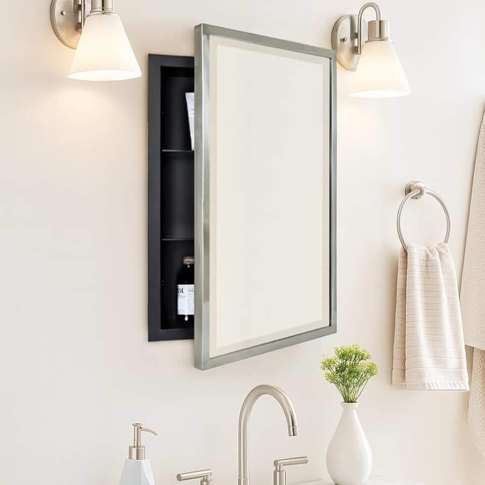 TEHOME Brush Nickel Metal Framed Recessed Bathroom Medicine Cabinet with Mirror Rectangle Tilting Beveled Vanity Mirrors for Wall 16 x 24 inches