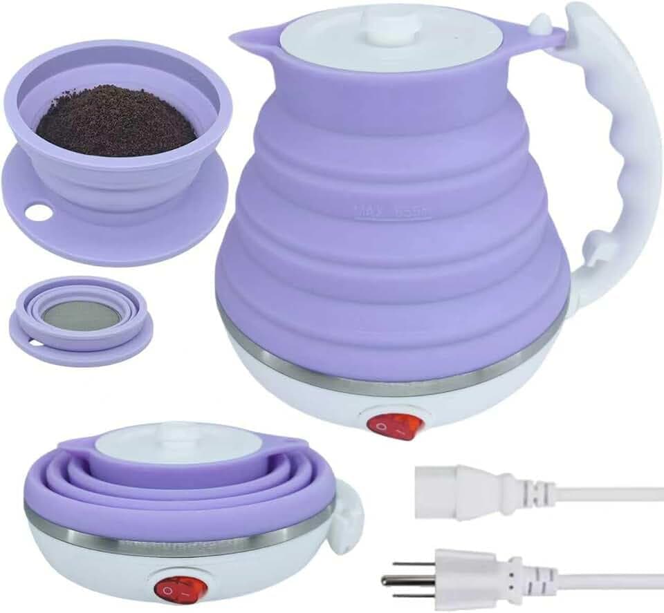 Travel Pour Over Coffee Maker Single Serve, Portabe Single Cup Pour Over Coffee Maker + Portable Kettle Electric, Collapsible Travel Electric Kettle (Purple)