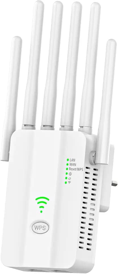 WLAN Verstärker mit 6 Antennen, 300 Mbit/s WiFi Repeater für Starke WLAN Abdeckung, 2 LAN Anschlüsse, 3 Modi Repeater Router AP, bis zu 300 m² für Haus Büro, einfache Einrichtung