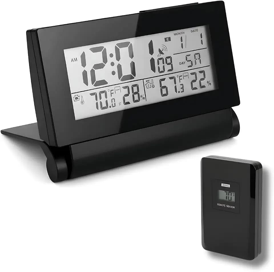 Digital Clock with Atomic RCC Time and Alarm | Indoor Temperature and Humidity Display | Wireless Sensor, Battery Operated with Blue Backlight for Bedroom or Desk