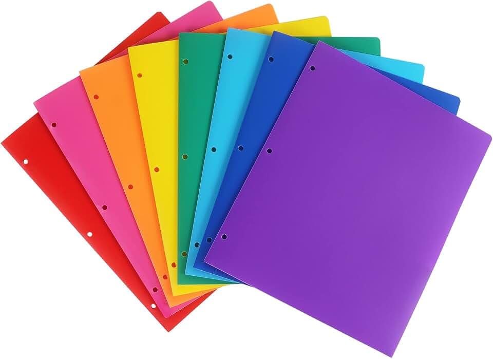 Tamaki Plastic File Folders with Pockets, 3 Hole, Multicolor, 8 Pack